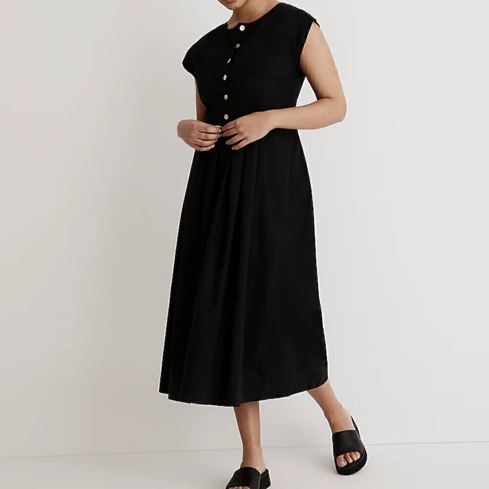 Madewell Cotton Poplin Button Front Relaxed Fit Midi Dress Black Size XS NWT